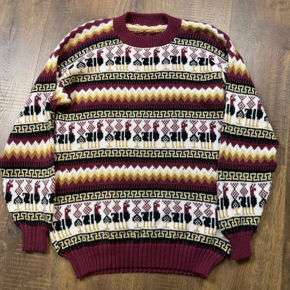 Vintage 80s 90s Llama Alpaca All Over Print Knit Sweater Mens M Burgundy Grandpa